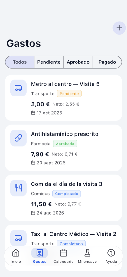 TrialCard patient app expense list